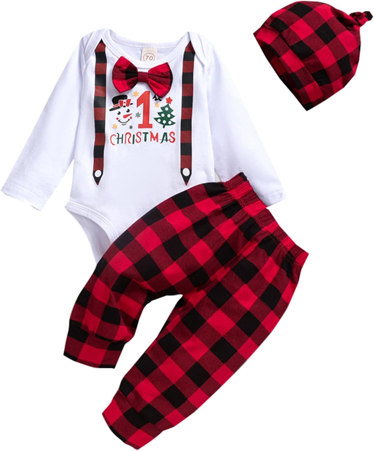 Infant Boys Girls Christmas Long Sleeve Cartoon Prints Tops Plaid Pants Hat Newborn Outfits 3PCS Troop Jogging