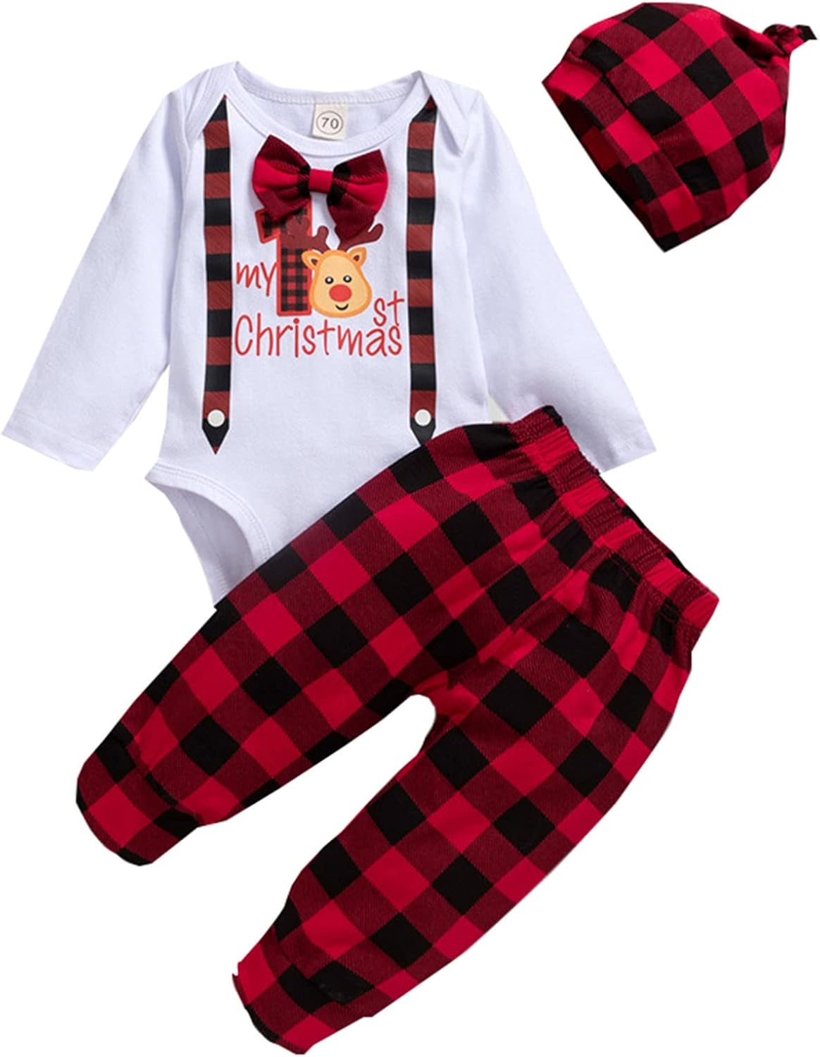 Infant Boys Girls Christmas Long Sleeve Cartoon Prints Tops Plaid Pants Hat Newborn Outfits 3PCS Troop Jogging