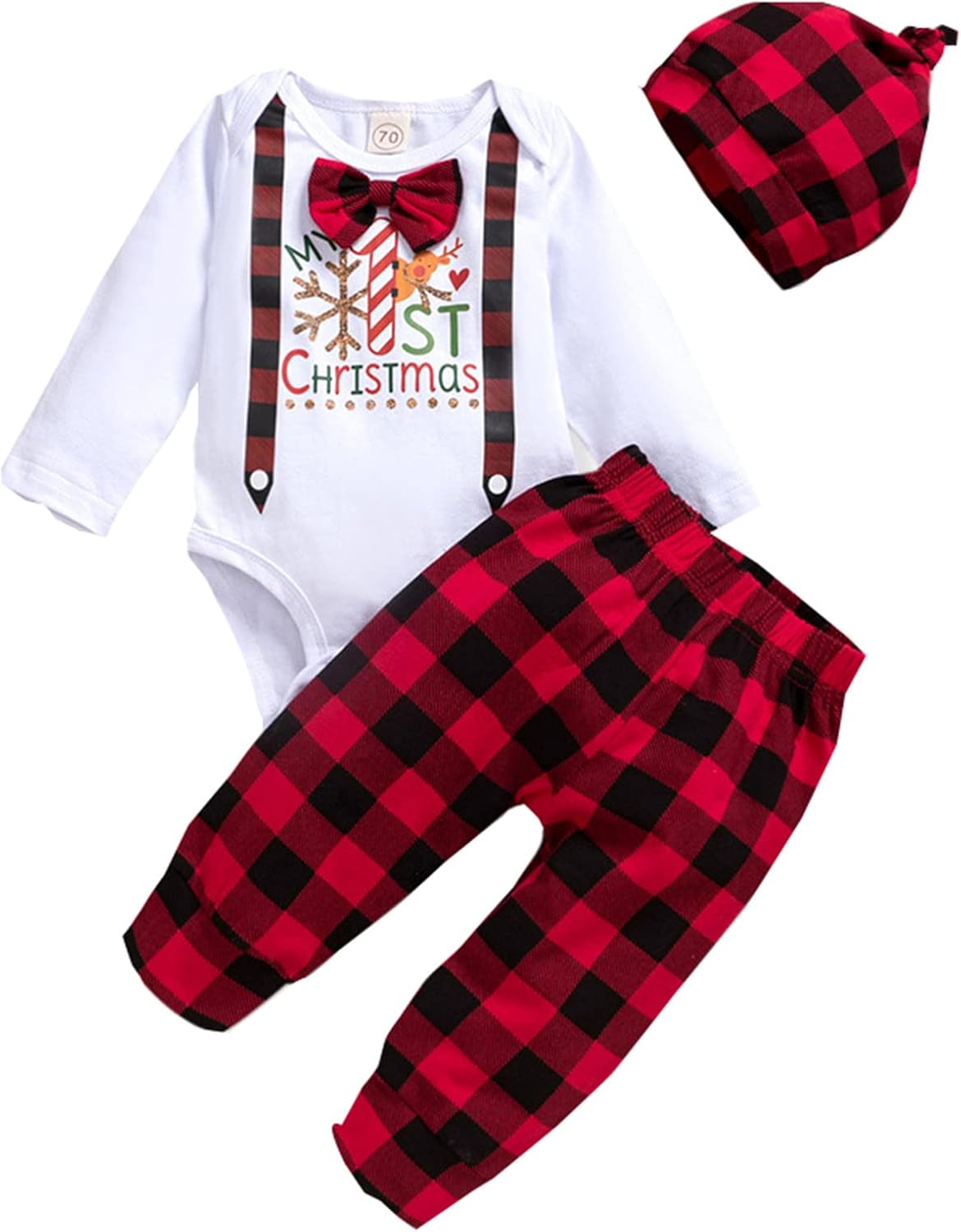 Infant Boys Girls Christmas Long Sleeve Cartoon Prints Tops Plaid Pants Hat Newborn Outfits 3PCS Troop Jogging