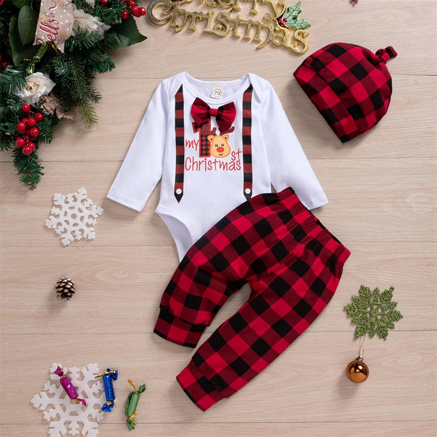 Infant Boys Girls Christmas Long Sleeve Cartoon Prints Tops Plaid Pants Hat Newborn Outfits 3PCS Troop Jogging