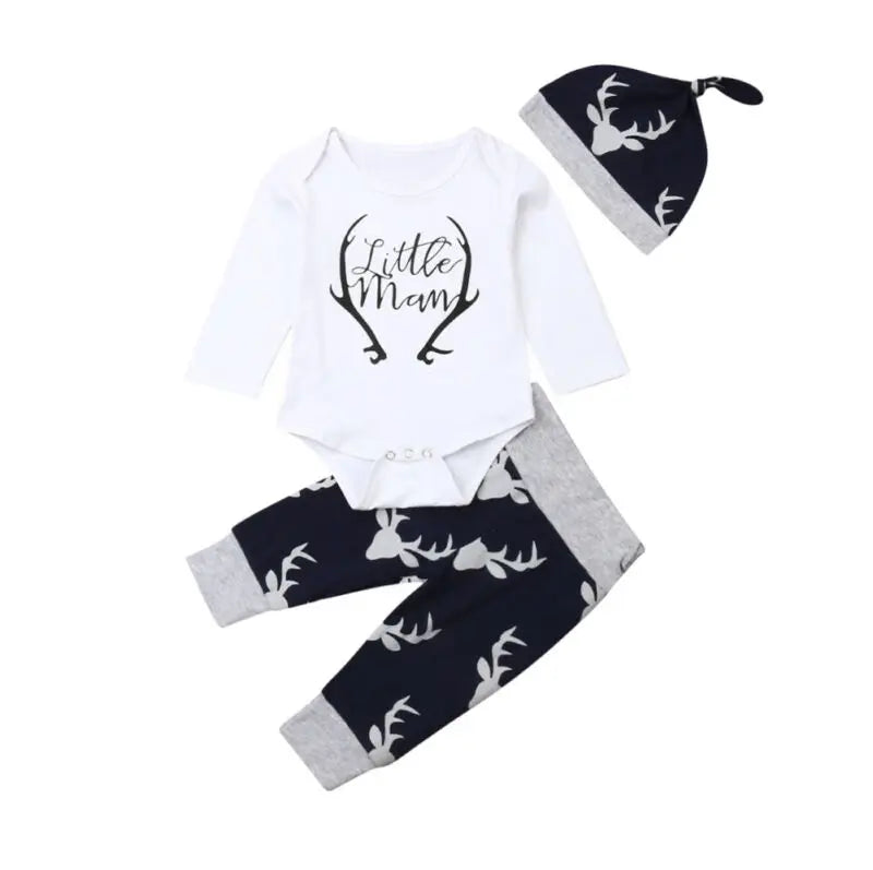 Newborn Baby Boys Clothes Little Man Long Sleeve Romper Deer Leggings Pants Hat Outfits Set Clothing
