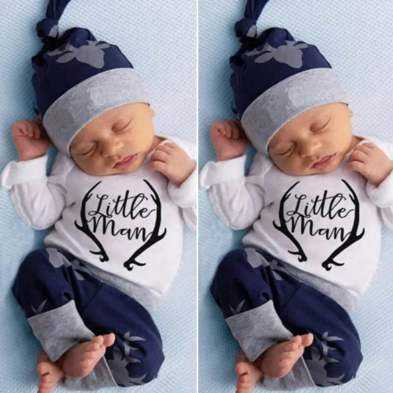 Newborn Baby Boys Clothes Little Man Long Sleeve Romper Deer Leggings Pants Hat Outfits Set Clothing