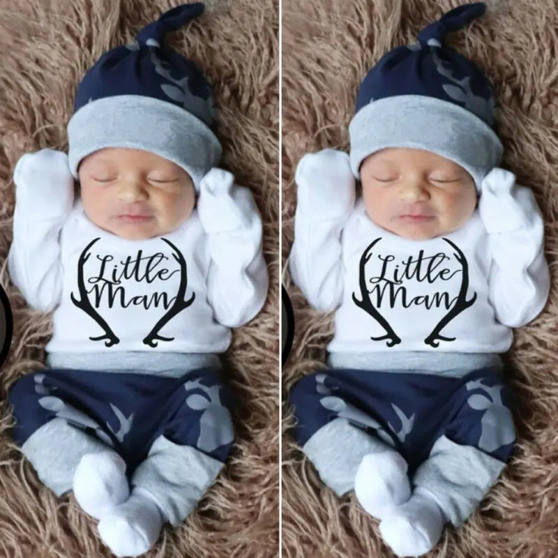 Newborn Baby Boys Clothes Little Man Long Sleeve Romper Deer Leggings Pants Hat Outfits Set Clothing