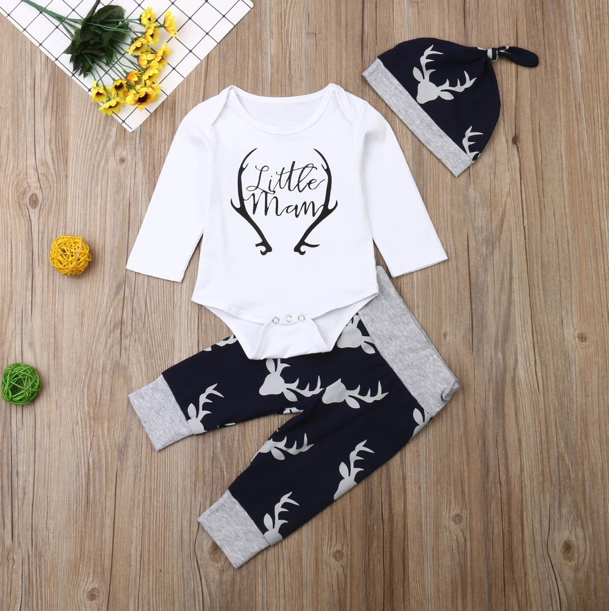 Newborn Baby Boys Clothes Little Man Long Sleeve Romper Deer Leggings Pants Hat Outfits Set Clothing