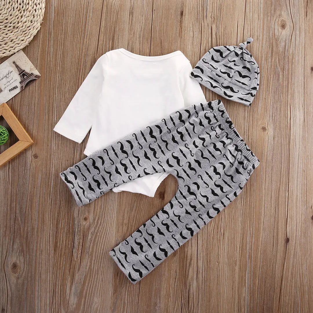Cute 3PCS Set Newborn Baby Boy Clothes Lovely Mommy's New Man Mustache Print Bodysuit Tops Long Pants Hat Outfits 0-18M