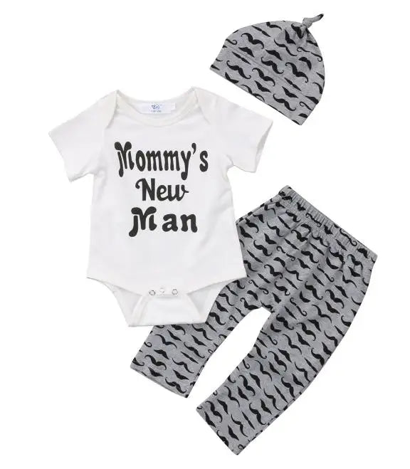 Cute 3PCS Set Newborn Baby Boy Clothes Lovely Mommy's New Man Mustache Print Bodysuit Tops Long Pants Hat Outfits 0-18M