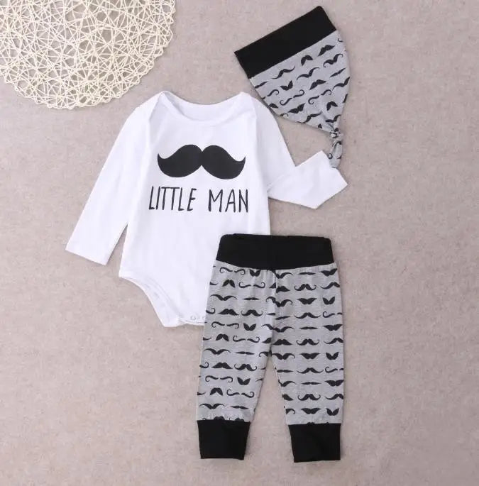 Cute 3PCS Set Newborn Baby Boy Clothes Lovely Mommy's New Man Mustache Print Bodysuit Tops Long Pants Hat Outfits 0-18M