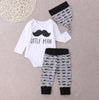Cute 3PCS Set Newborn Baby Boy Clothes Lovely Mommy's New Man Mustache Print Bodysuit Tops Long Pants Hat Outfits 0-18M