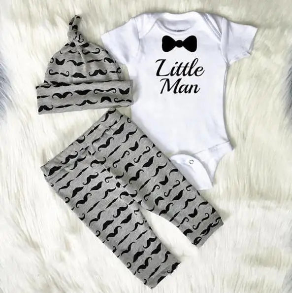 Cute 3PCS Set Newborn Baby Boy Clothes Lovely Mommy's New Man Mustache Print Bodysuit Tops Long Pants Hat Outfits 0-18M
