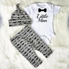 Cute 3PCS Set Newborn Baby Boy Clothes Lovely Mommy's New Man Mustache Print Bodysuit Tops Long Pants Hat Outfits 0-18M