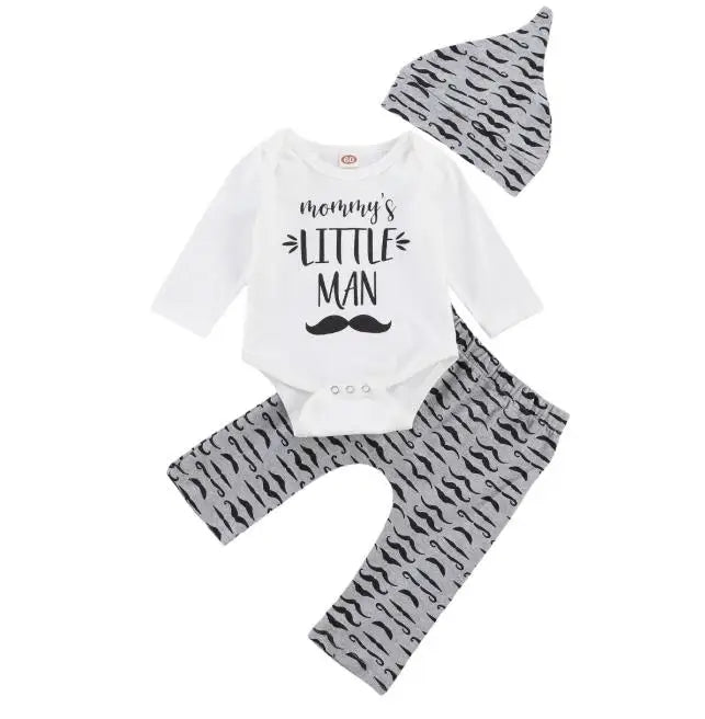 Cute 3PCS Set Newborn Baby Boy Clothes Lovely Mommy's New Man Mustache Print Bodysuit Tops Long Pants Hat Outfits 0-18M